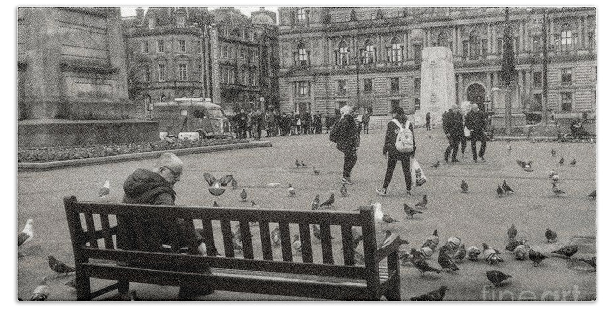 George Square Beach Towel featuring the photograph Feeding the Birds at George Square In Greyscale by Joan-Violet Stretch
