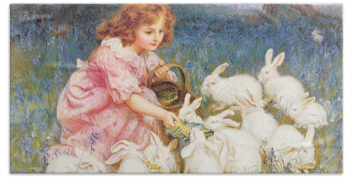 Feeding Beach Towel featuring the painting Feeding the Rabbits by Frederick Morgan