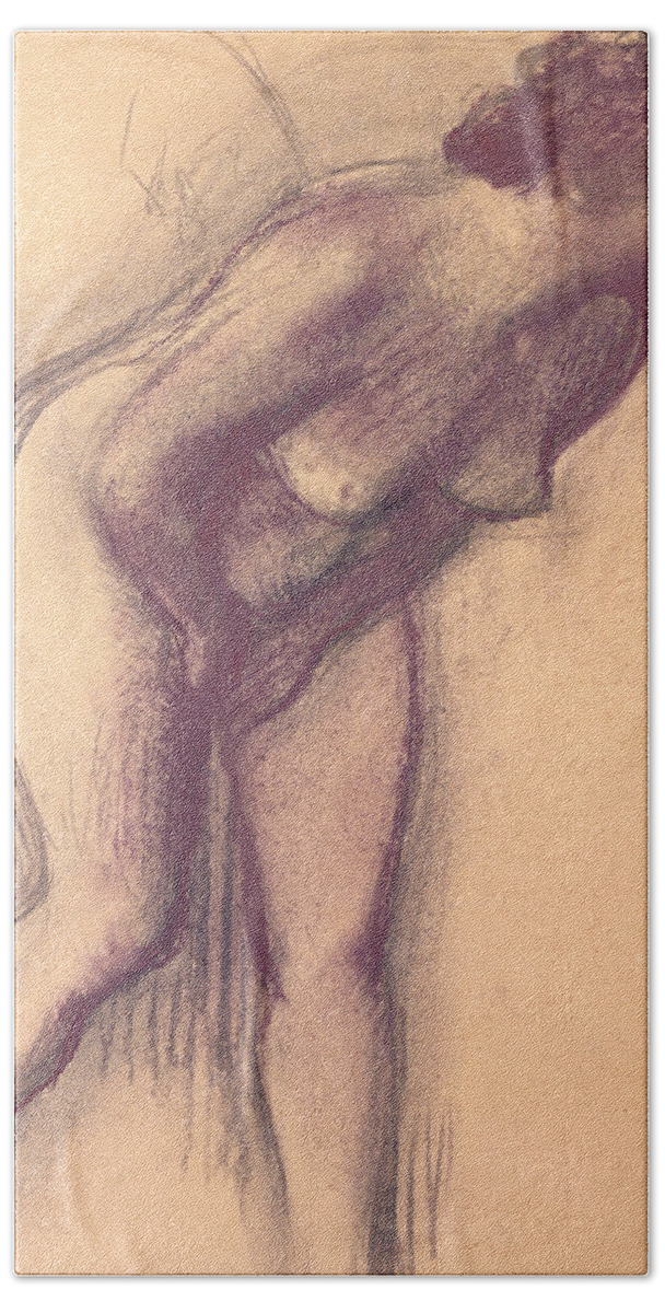 Female Standing Nude (charcoal And Pastel) By Edgar Degas (1834-1917) Beach Towel featuring the pastel Female Standing Nude by Edgar Degas
