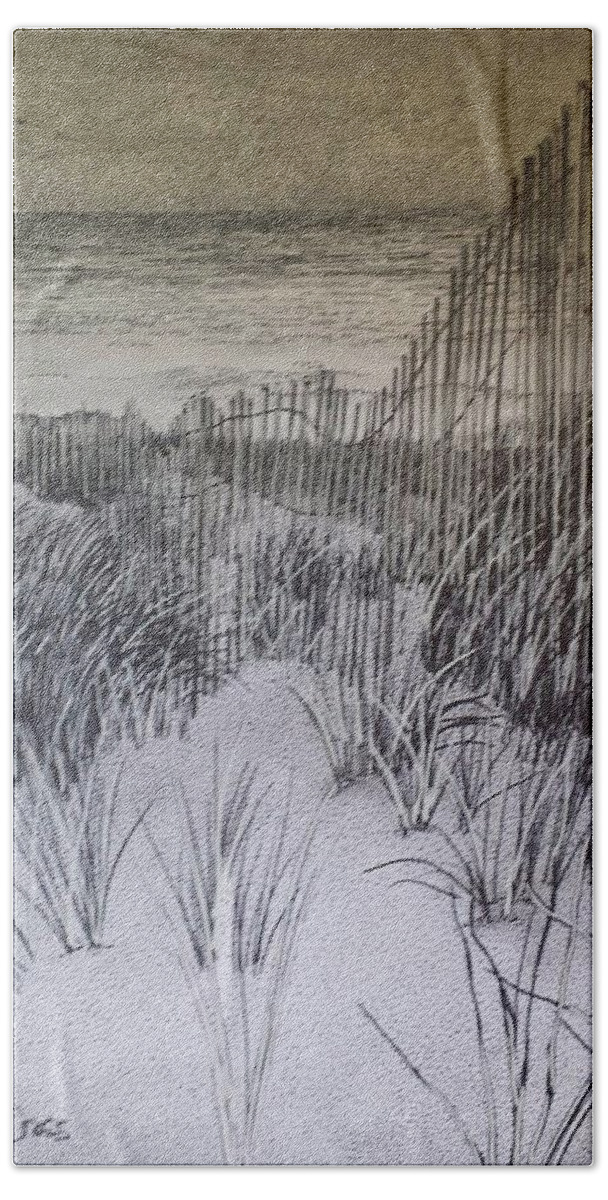  Beach Towel featuring the drawing Fence in the Dunes by Betsy Carlson Cross