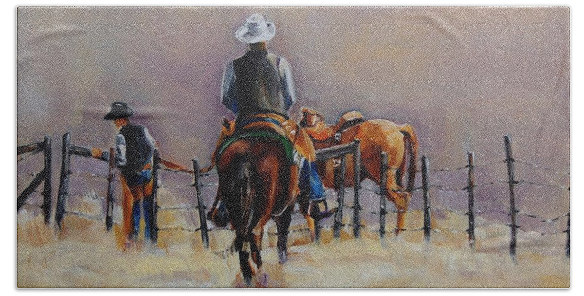 Cowboy Beach Sheet featuring the painting Fenceline by Jean Cormier
