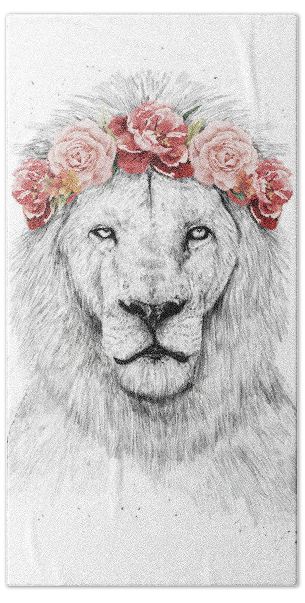 Lion Beach Towel featuring the drawing Festival lion by Balazs Solti