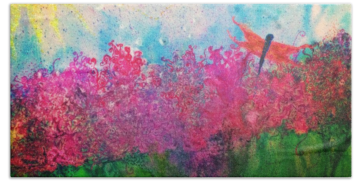 Flowers Beach Sheet featuring the painting Field of flowers w firefly by Christine Paris