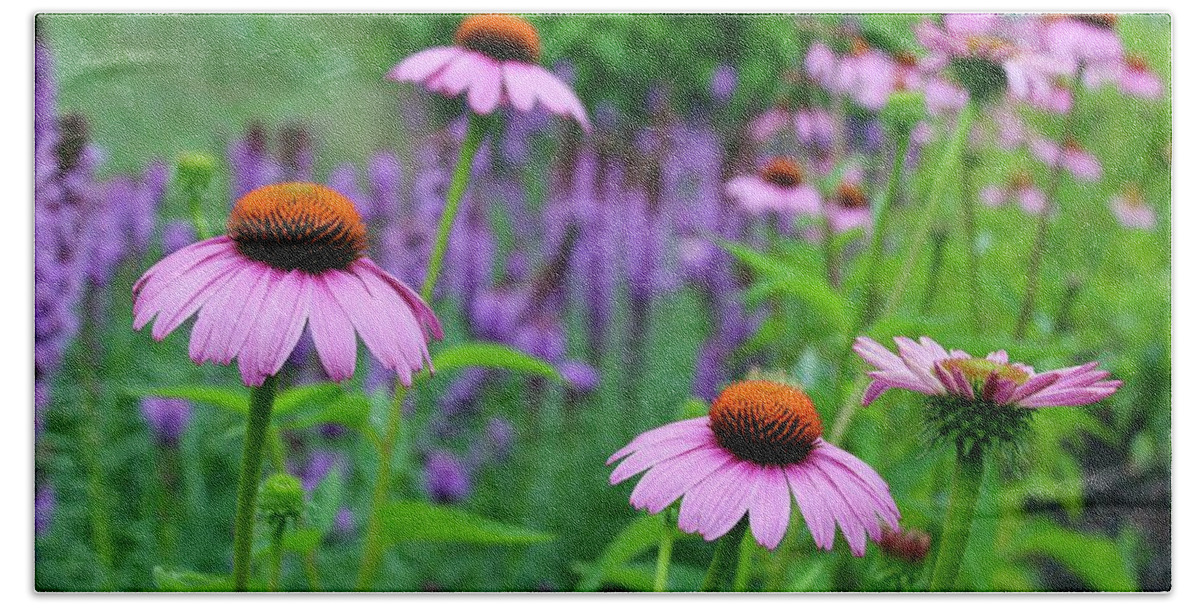Photograph Beach Towel featuring the photograph Field of Purple Cone Flowers and Blazing Star Flowers by M E