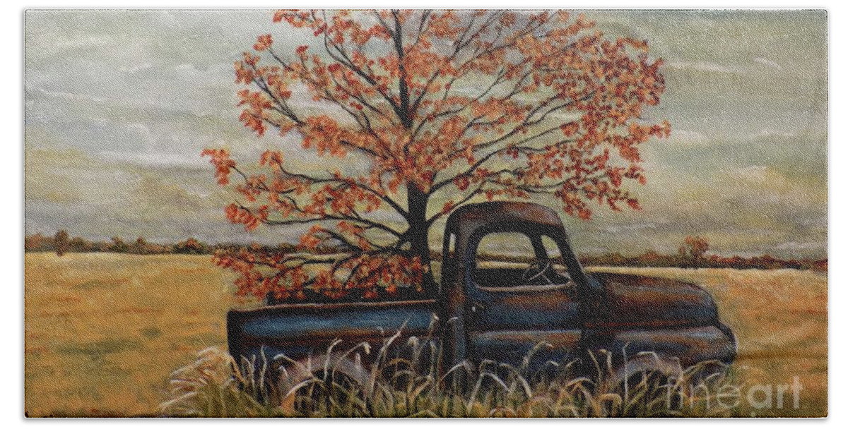 Old Truck Beach Towel featuring the painting Field Ornaments by Judy Kirouac