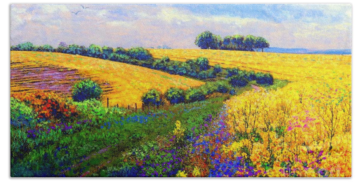 Landscape Beach Towel featuring the painting Fields of Gold by Jane Small