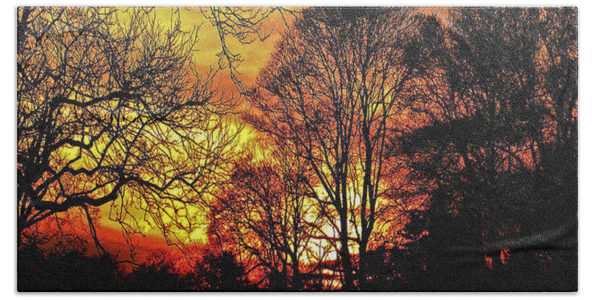 Sunset Beach Towel featuring the photograph Fiery Red Sunset by Carol F Austin