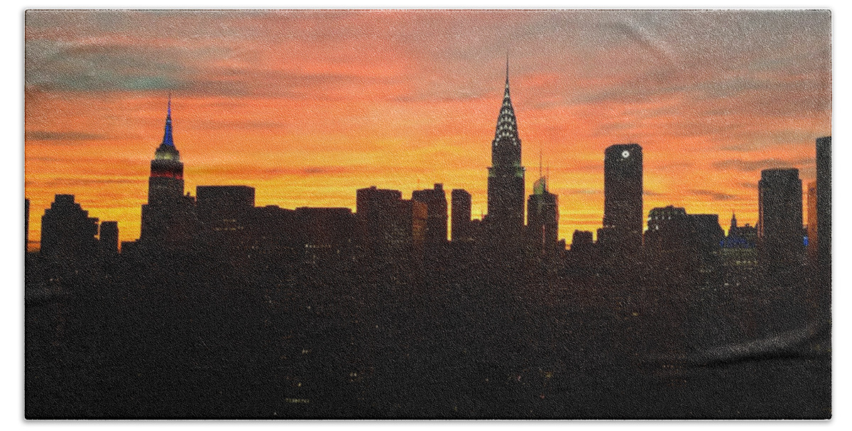 Chrysler Beach Towel featuring the photograph Fiery Sunset New York with Chrysler and Empire State Buildings by Miriam Danar