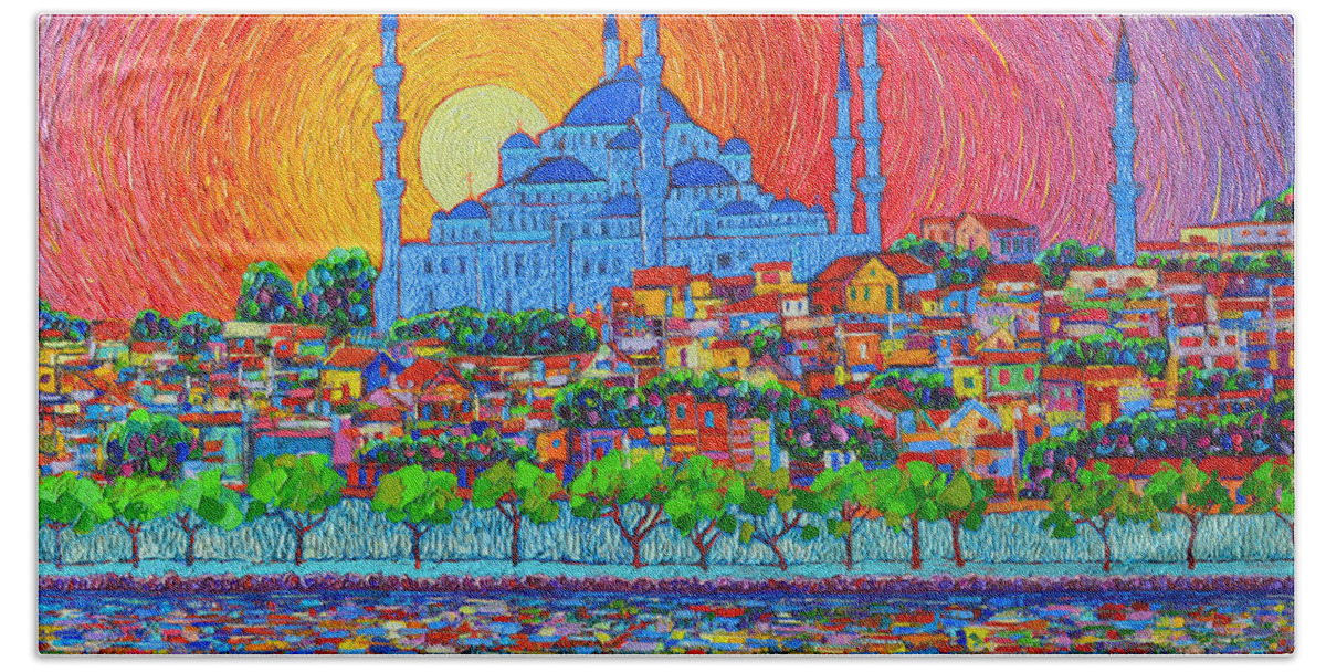Istanbul Beach Towel featuring the painting Fiery Sunset Over Blue Mosque Hagia Sophia In Istanbul Turkey by Ana Maria Edulescu
