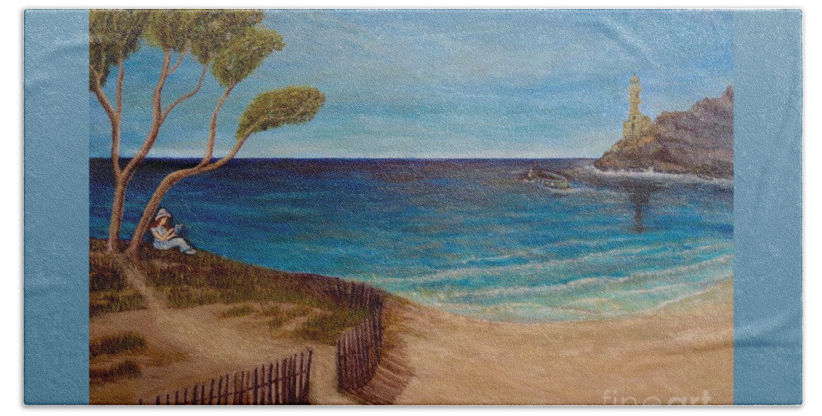 Ocean Sea Scene In The Mediterranean Sea Cobalt Blue And Turquoise Blue Water Translucent Waves Lapping Over Beach Area And Sand Old Weathered Wooden Fence With Opening And Trail Leading Up To A Small Hill With Mediterranean Pine Tree As A Shade Tree Young Woman In A Soft Blue Flowing Dress Sitting On Green And Brown Grass Reading A Classic Book Of Literature Enjoying The Scenery Mediterranean Looking Boat And Lighthouse Built On Rock In The Distance Ocean Sea Scenes Beach Towel featuring the painting Finding My Special Place in the Summertime by Kimberlee Baxter