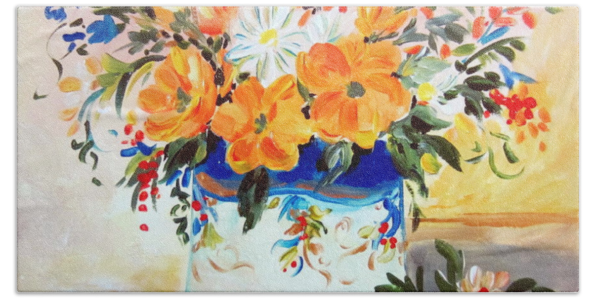 Flowers Beach Towel featuring the painting Fiori Gialli natura morta by Roberto Gagliardi