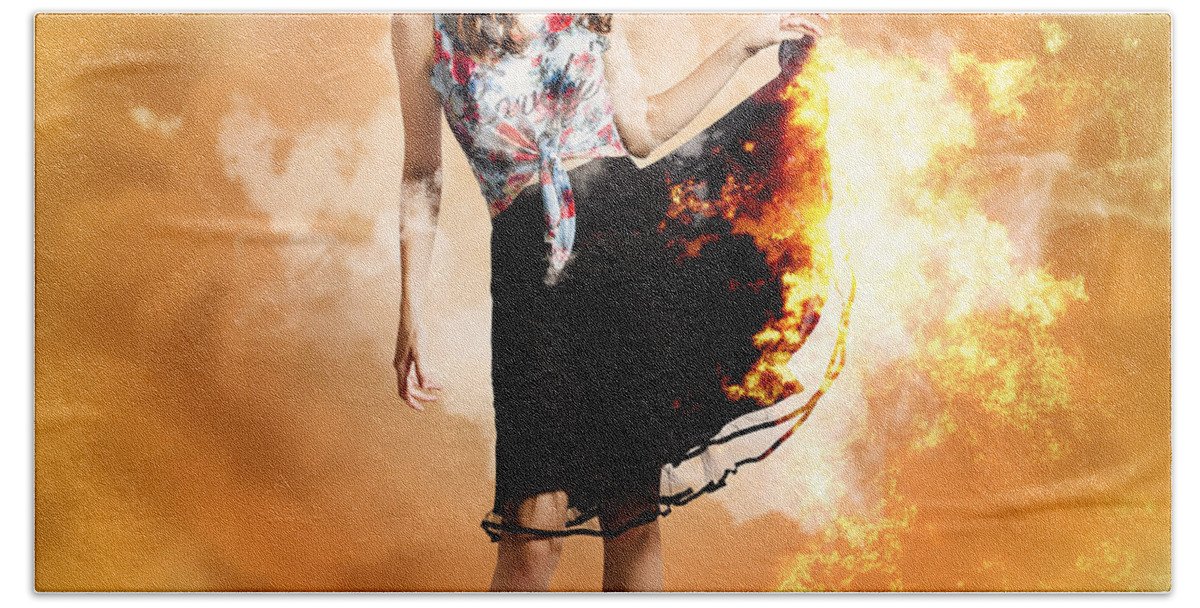 Pinup Beach Towel featuring the photograph Fire fashion female pin-up by Jorgo Photography