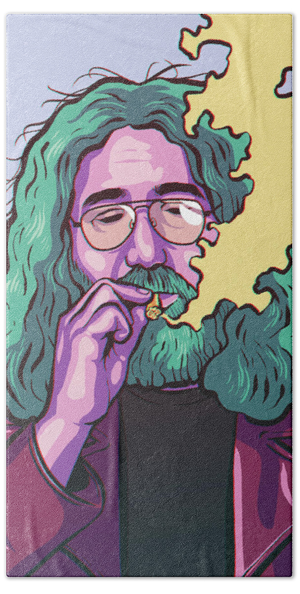 Jerry Garcia Jerrygarcia Gratefuldead Grateful Dead Rock Rockandroll Rockmusic Rock Music Rock And Roll Music Deadhead Legend Weed Pot Cannabis Smoke Herbs Plants Marijuana Digital Illustration Digital Art Digital Illustration Beach Towel featuring the drawing Fire On The Mountain by Miggs The Artist