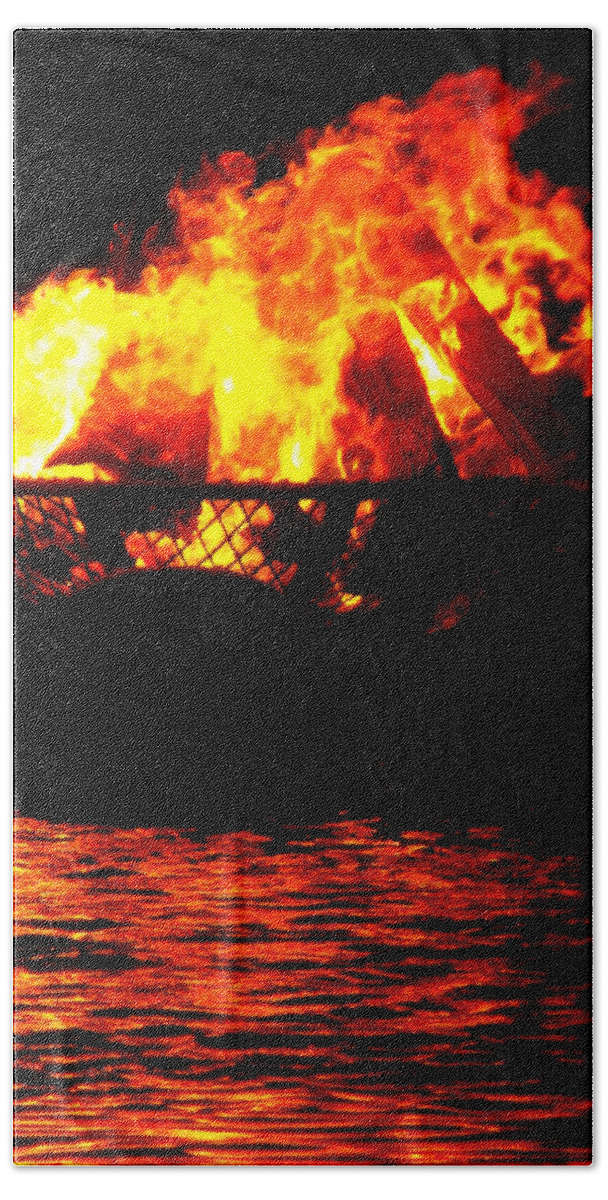 Firewater Beach Sheet featuring the digital art Fire Water Illuminates the Night by Michael Oceanofwisdom Bidwell