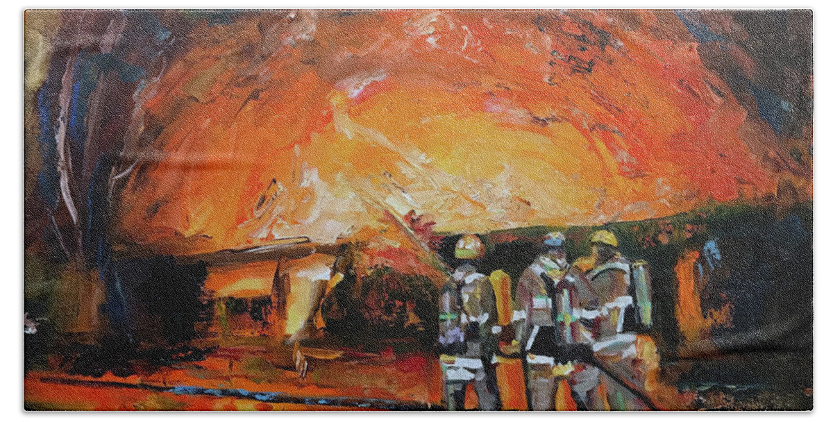 Heroes Come First Beach Towel featuring the painting Firefighters Come First by Josef Kelly