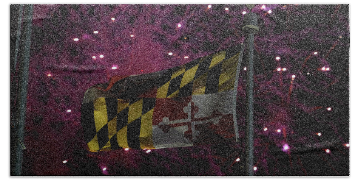 Flag Beach Towel featuring the photograph Fireworks and the Maryland Flag by Robert Banach