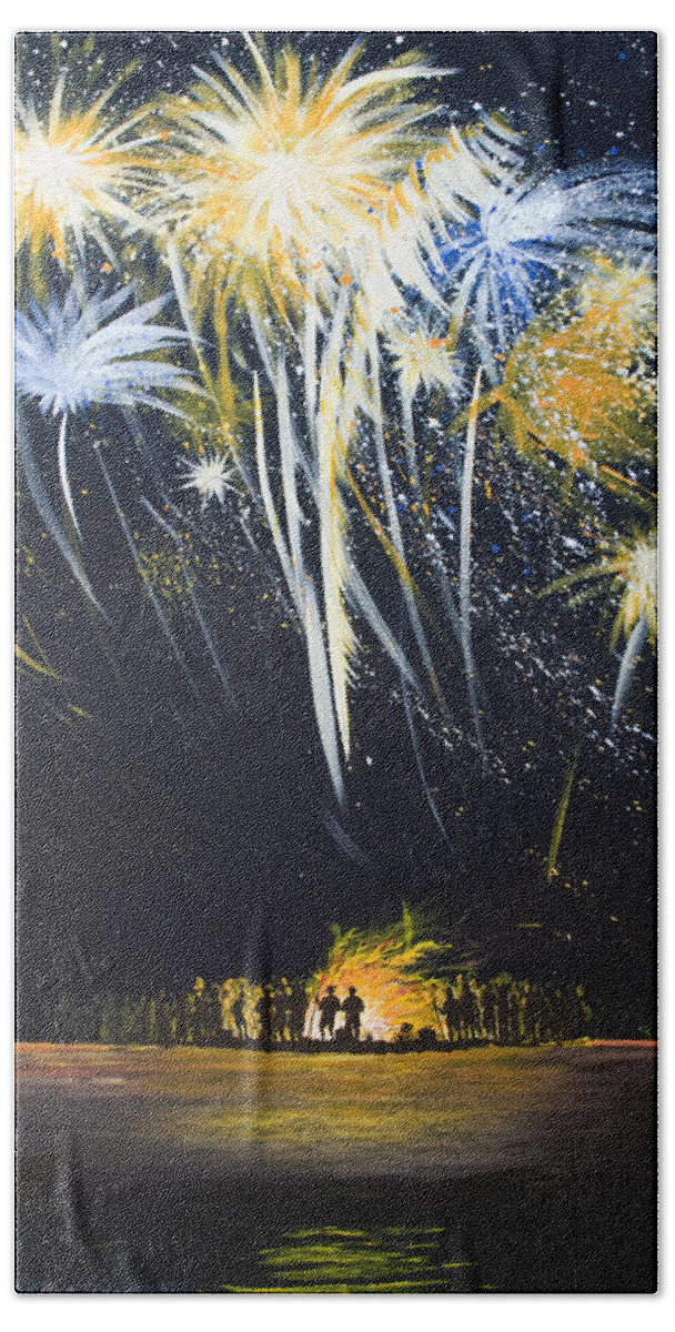 Fireworks Beach Towel featuring the painting Fireworks Bonfire on the West bar by Charles Harden
