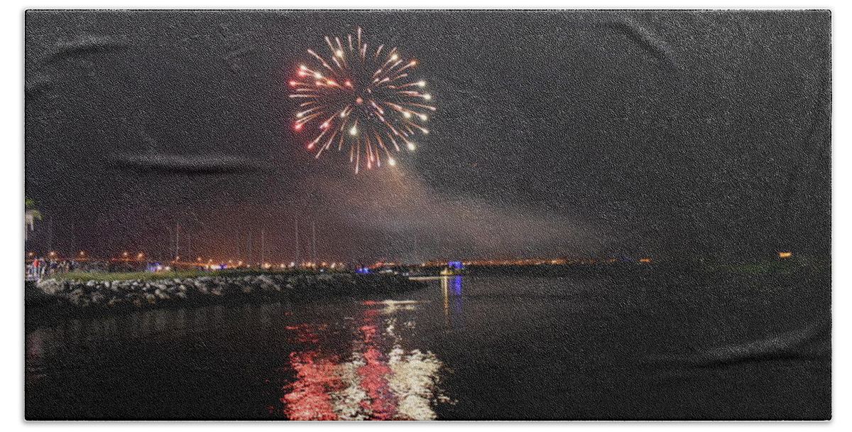 Fireworks Beach Towel featuring the photograph Fireworks Over Water 2 by Vicki Lewis