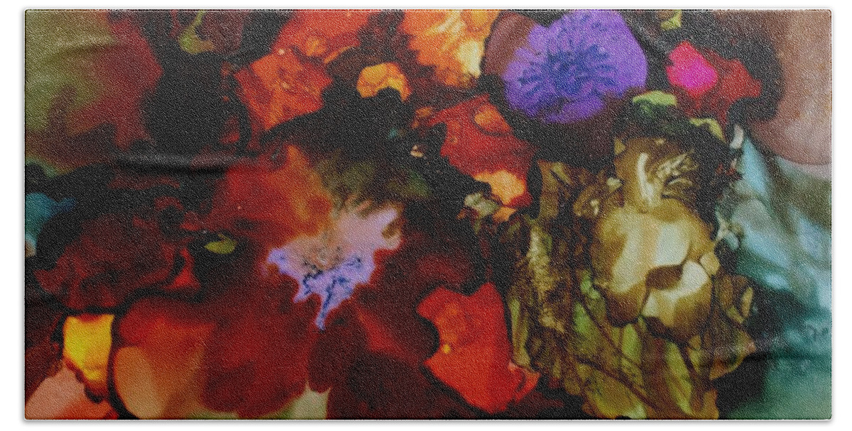 Alcohol Ink Beach Towel featuring the painting Firey Floral by Jo Smoley