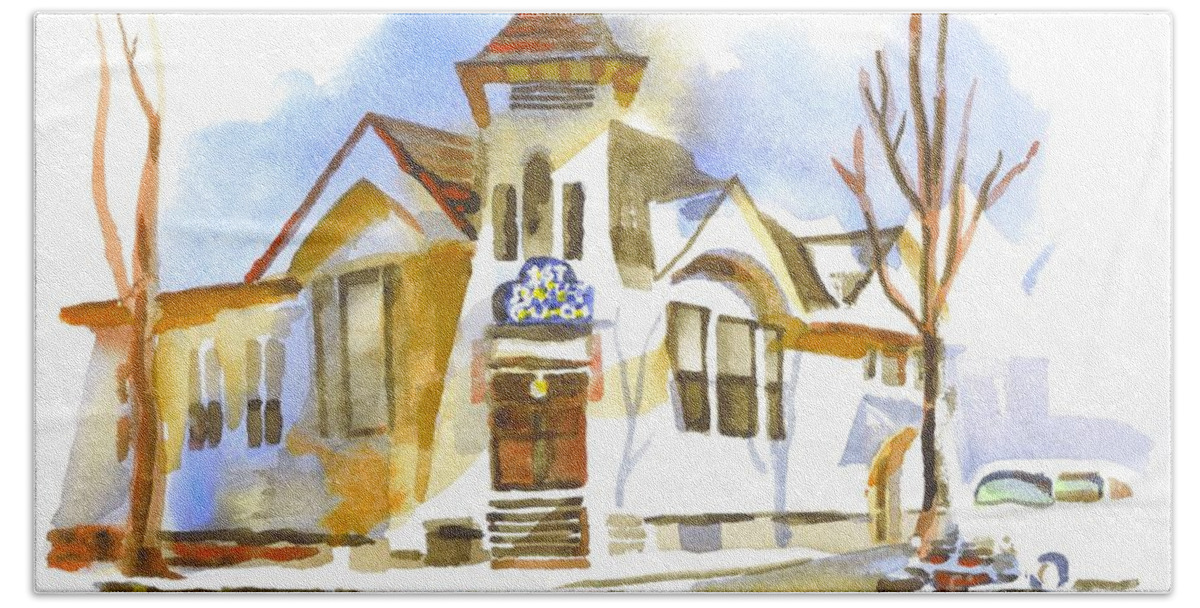 First Baptist Church In Winter Beach Towel featuring the painting First Baptist Church in Winter by Kip DeVore