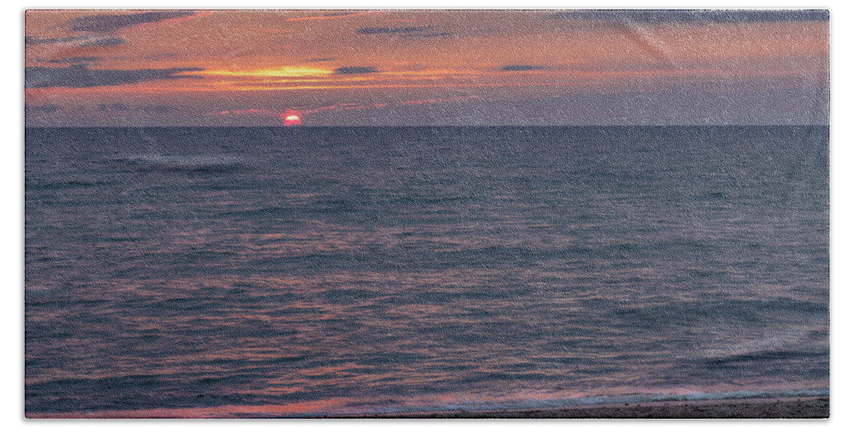 Beach Beach Towel featuring the photograph First Encounter Beach Sunset by Jen Manganello