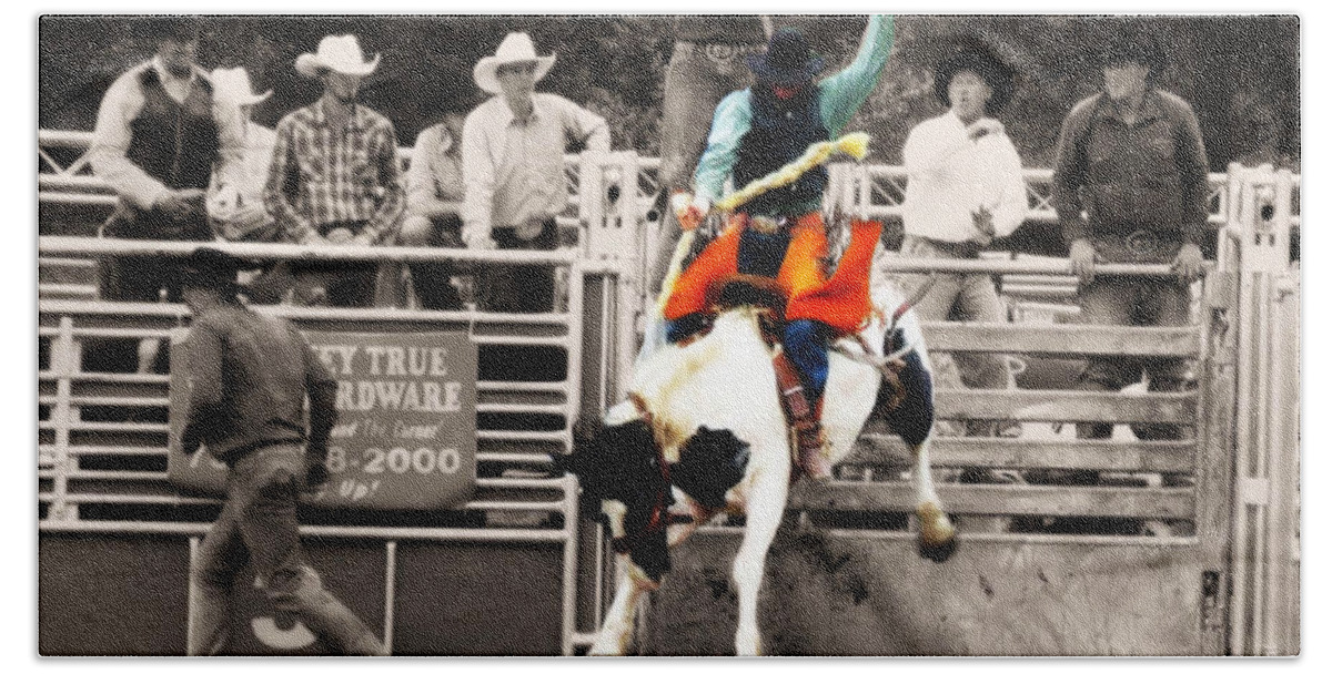 Cowboy Beach Towel featuring the photograph First Out Of The Chute by September Stone