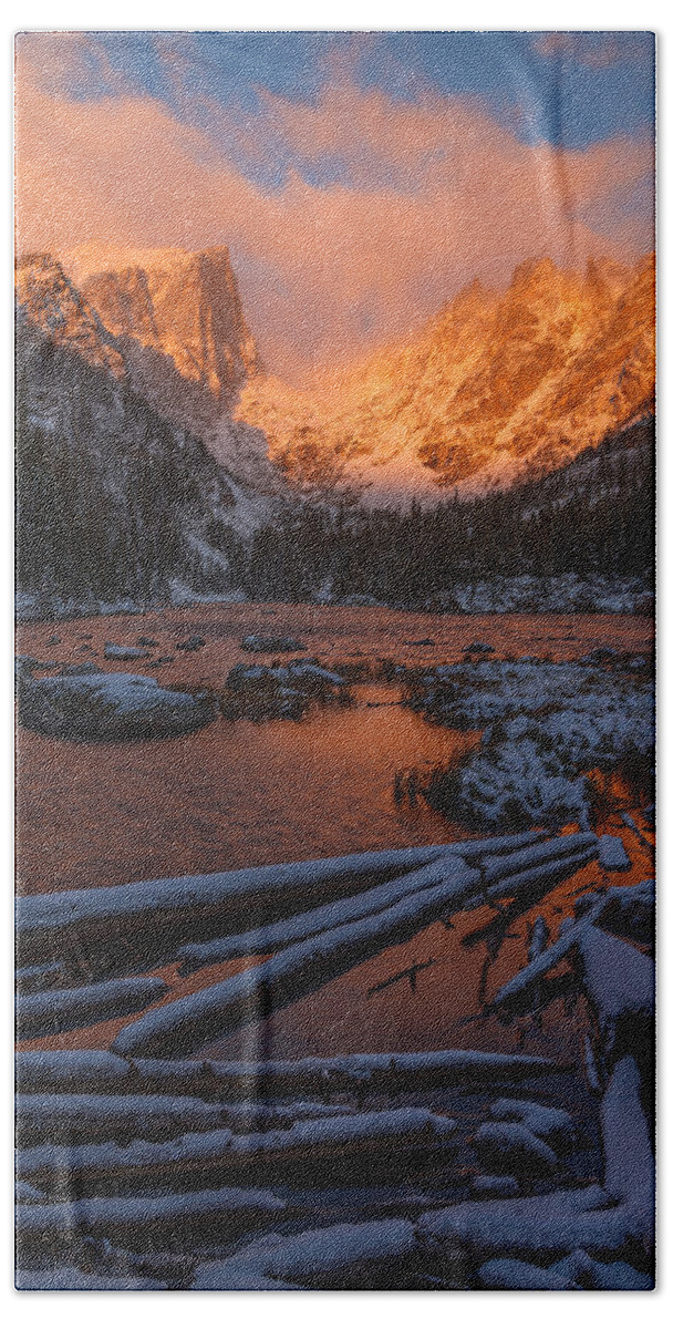 Colorado Beach Towel featuring the photograph First Snow at Dream Lake by Dustin LeFevre