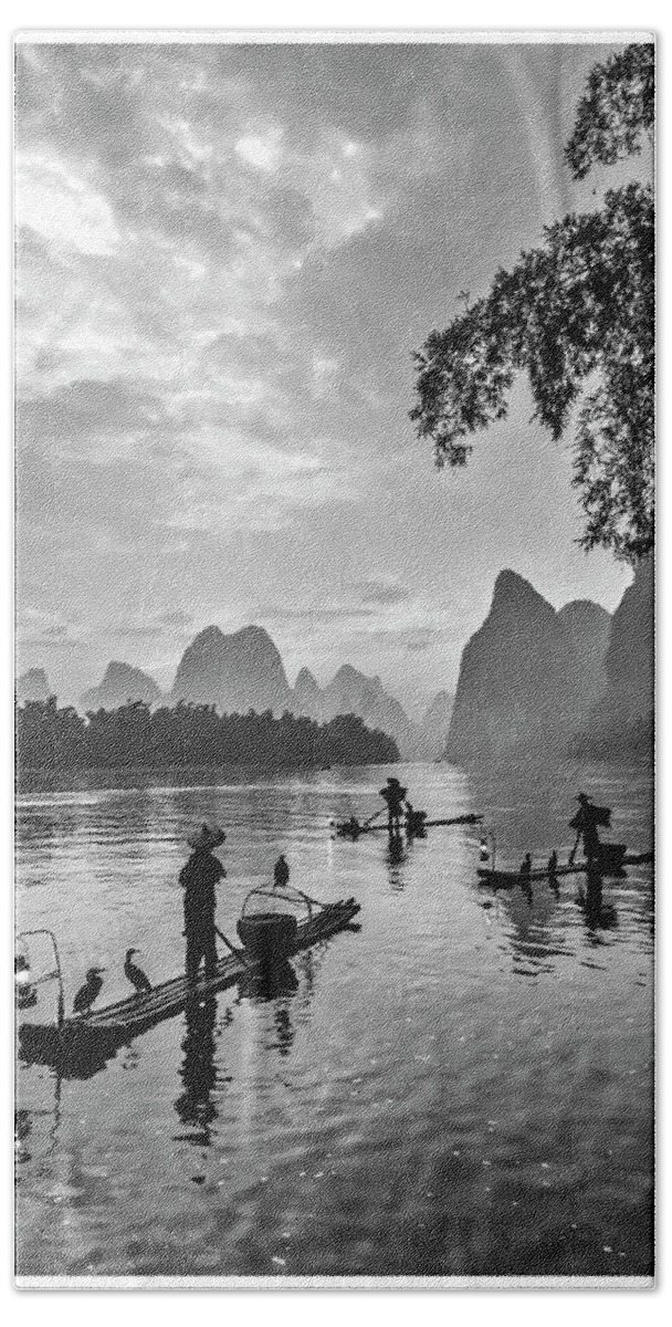 China Beach Towel featuring the photograph Fishermen at dawn. by Usha Peddamatham