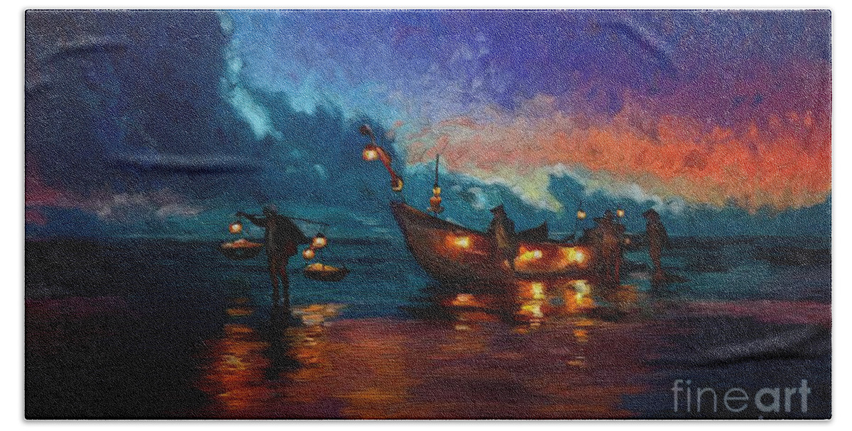 Fishermen Night Fishing Beach Sheet featuring the painting Fishermen Night Fishing by Tim Gilliland