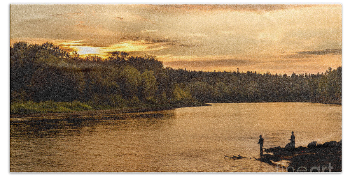 River Beach Towel featuring the photograph Fishing At Sunset by Robert Bales