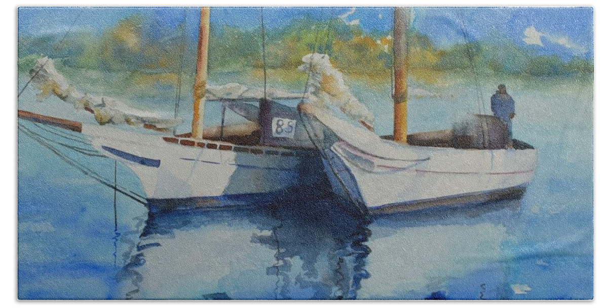 Fishing Beach Towel featuring the painting Fishing Boats by Celene Terry
