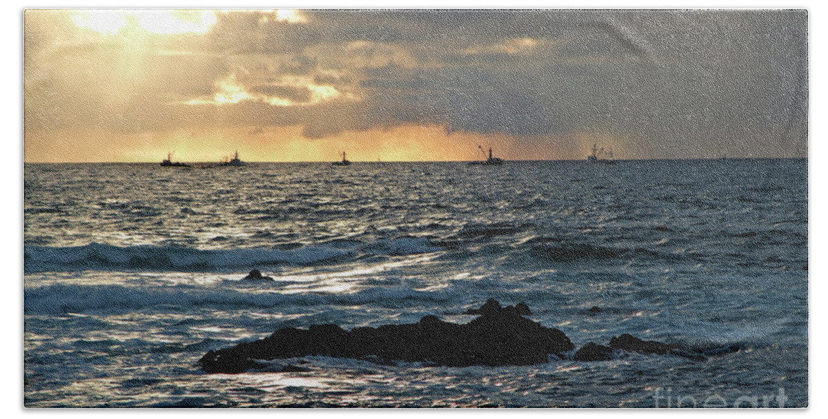 Fishing Boats Beach Towel featuring the photograph Fishing Boats off Point Lobos by Charlene Mitchell