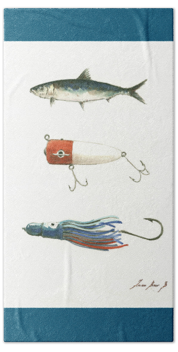 Saltwater Fishing Lures Beach Towel featuring the painting Fishing lures by Juan Bosco