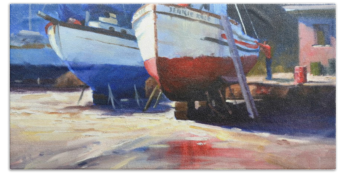 Ship Beach Sheet featuring the painting Fishing Soon by Ningning Li