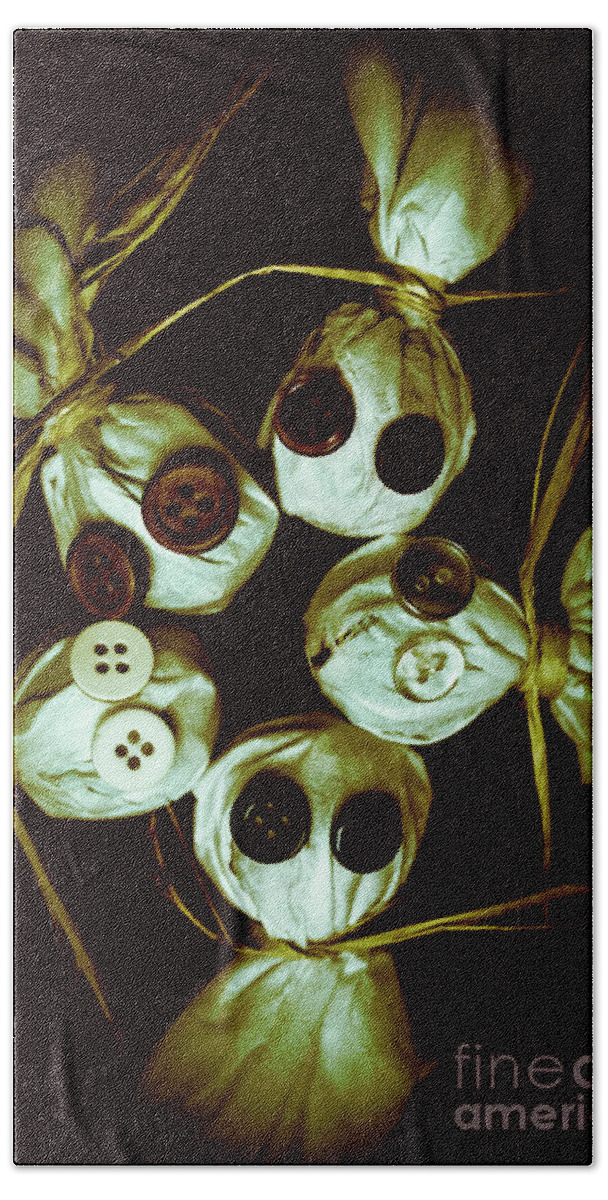 Horror Beach Towel featuring the photograph Five Halloween dolls with button eyes by Jorgo Photography
