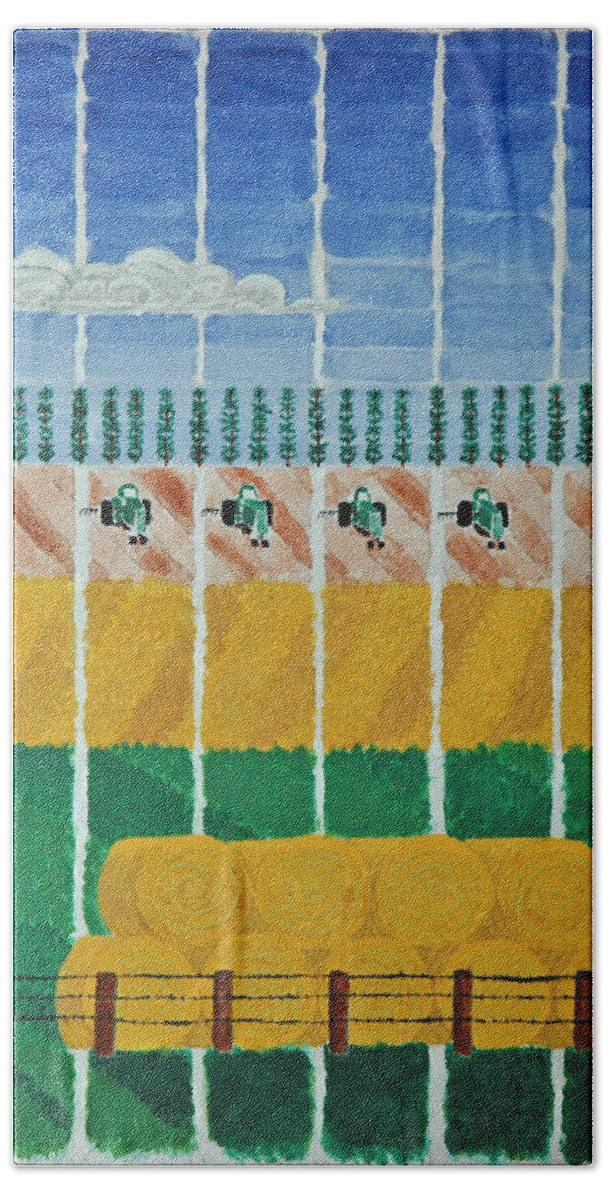 3d Beach Sheet featuring the painting Five Tractors by Jesse Jackson Brown