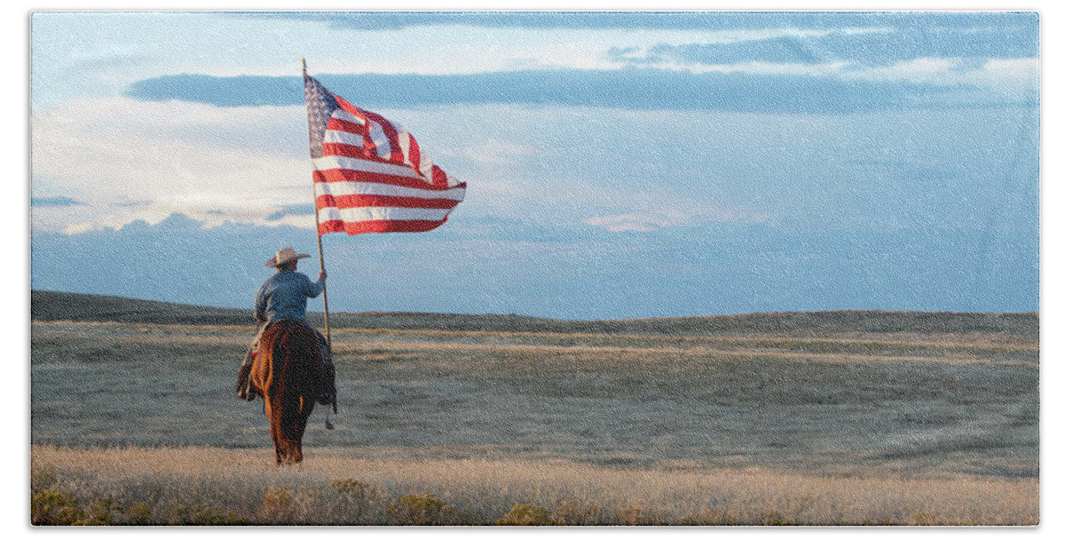 Horse And American Flag Beach Sheet featuring the photograph Flag of Freedom by Pamela Steege