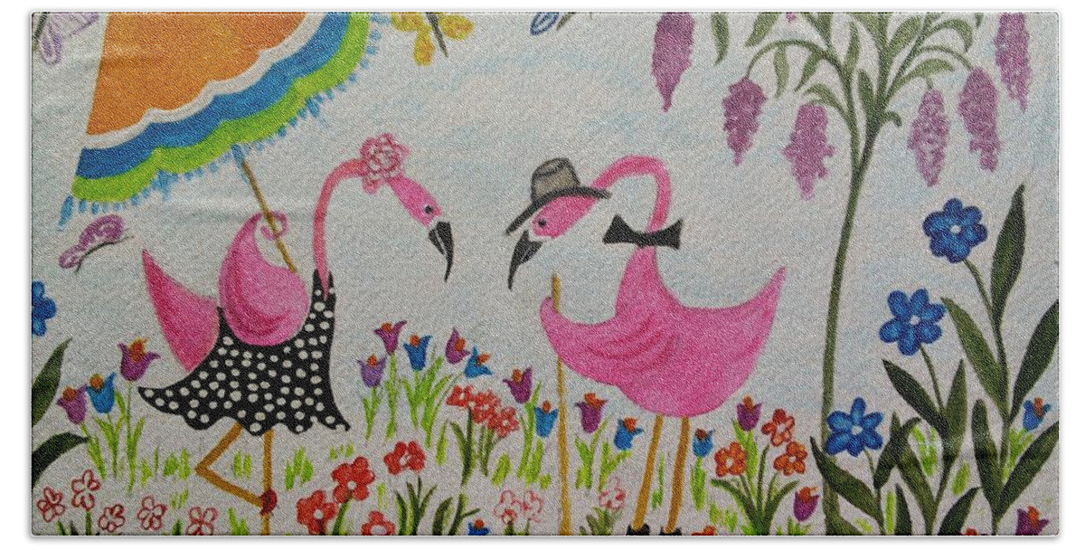 Colorful Flamingos Beach Towel featuring the painting Flamingo Fun by Susan Nielsen