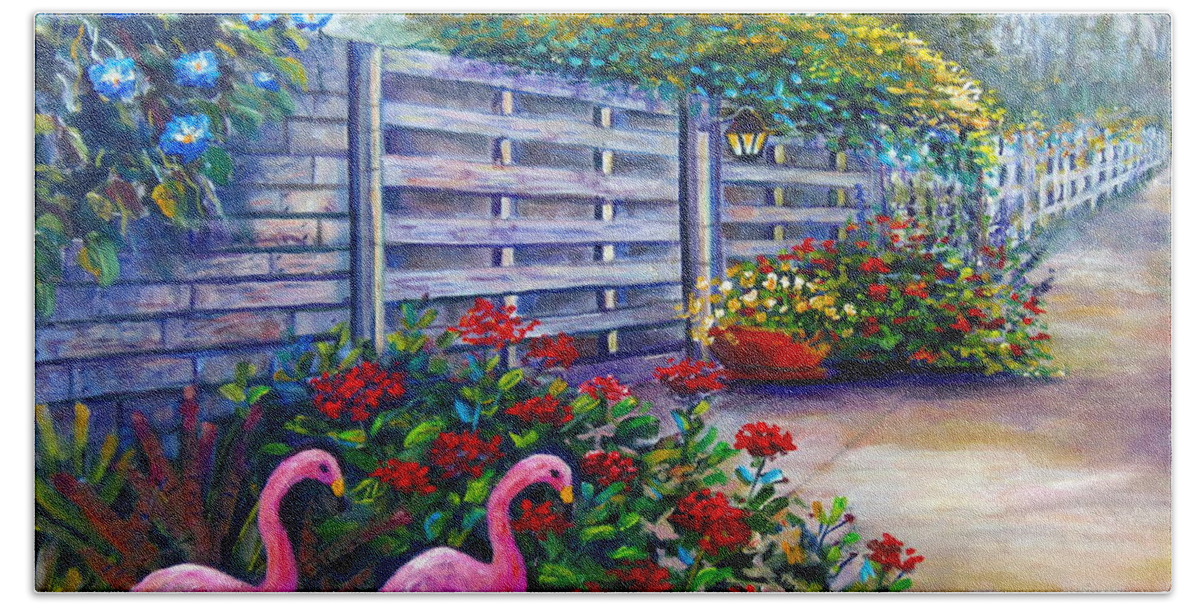 Flamingo Gardens Beach Towel featuring the painting Flamingo Gardens by Lou Ann Bagnall