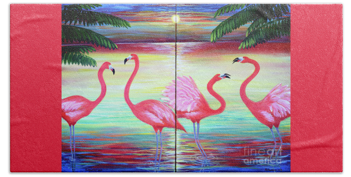 Birds Beach Sheet featuring the painting Flamingo Paradise by Pat Davidson