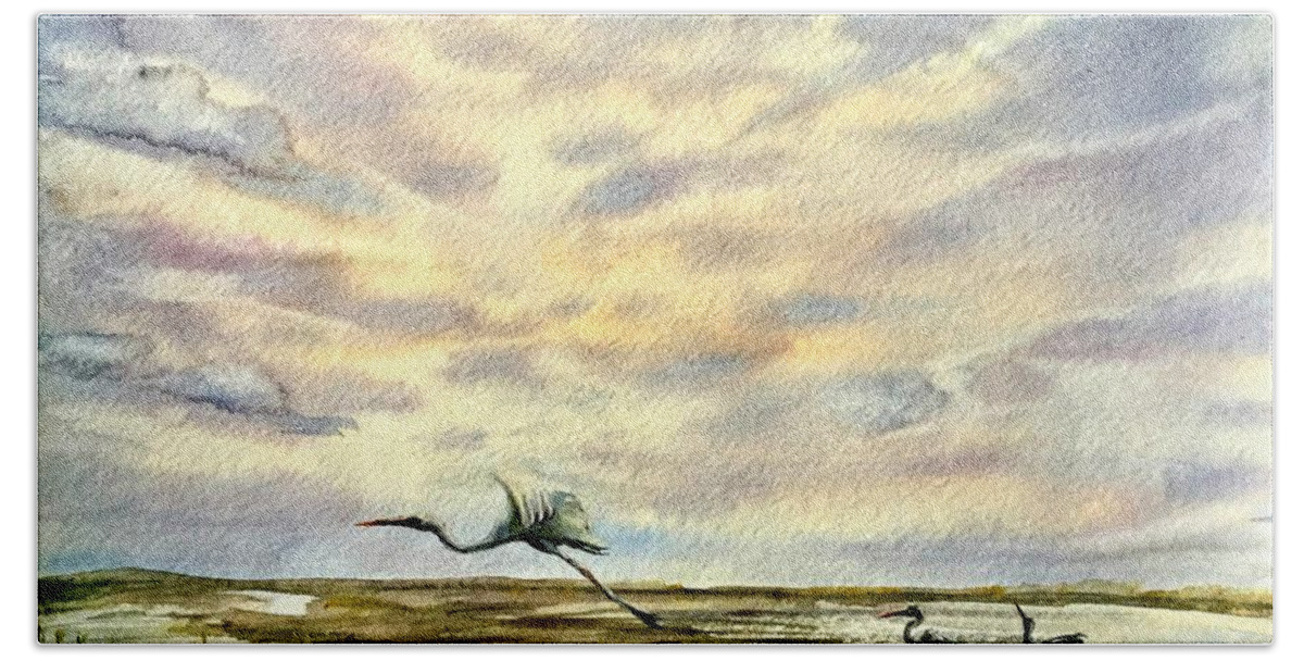 White Heron Beach Sheet featuring the painting Flight by Katerina Kovatcheva