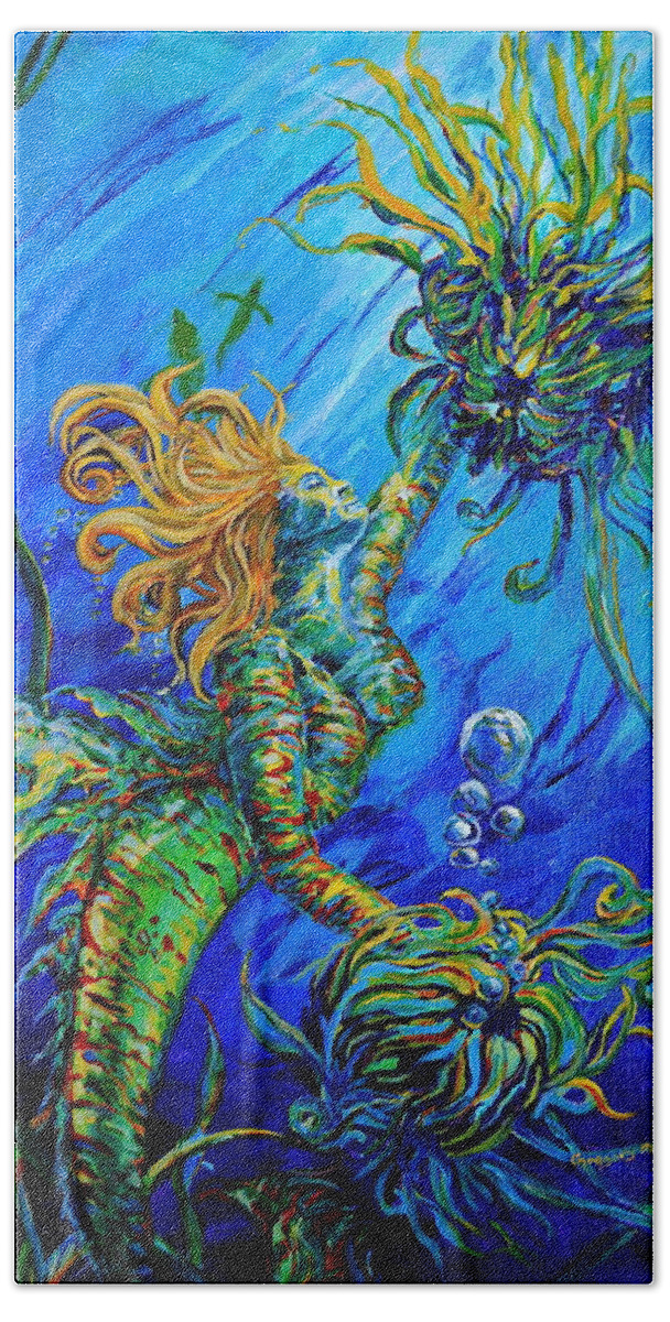 Blond Mermaid Beach Towel featuring the painting Floating Blond Mermaid by Gregory Merlin Brown