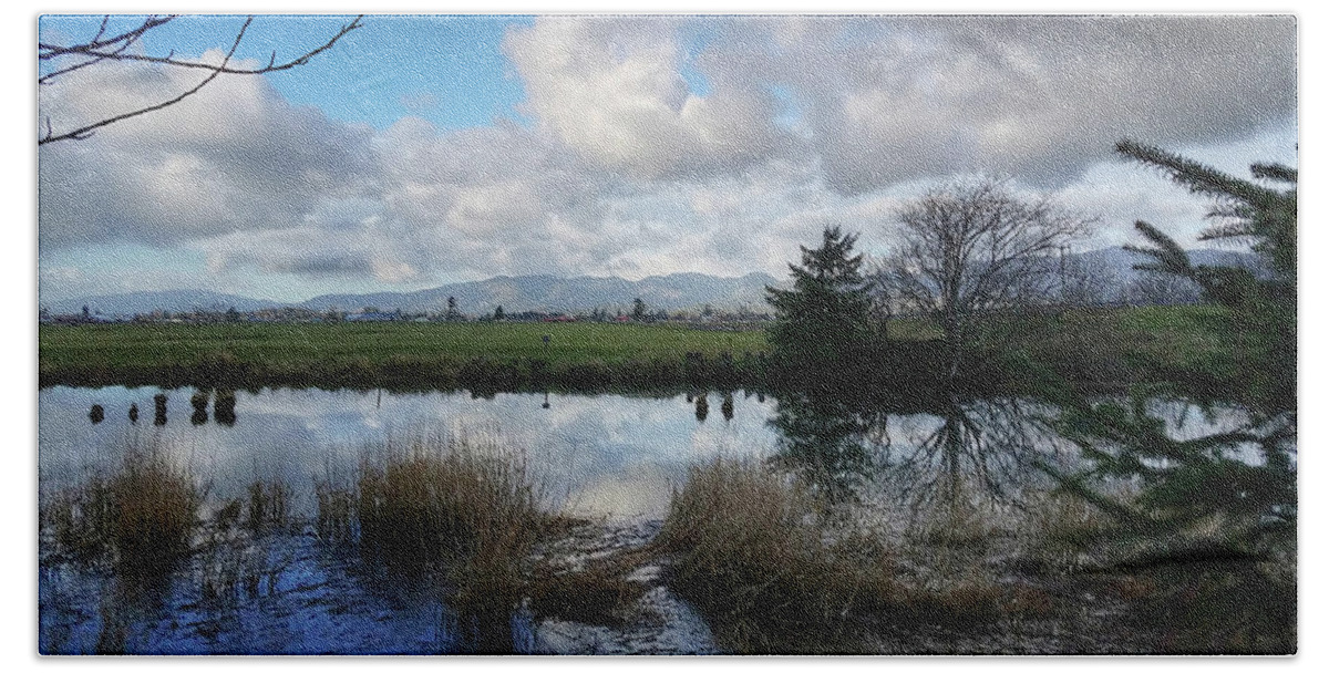 Landscape Beach Sheet featuring the photograph Flooding River, Field and Clouds by Chriss Pagani