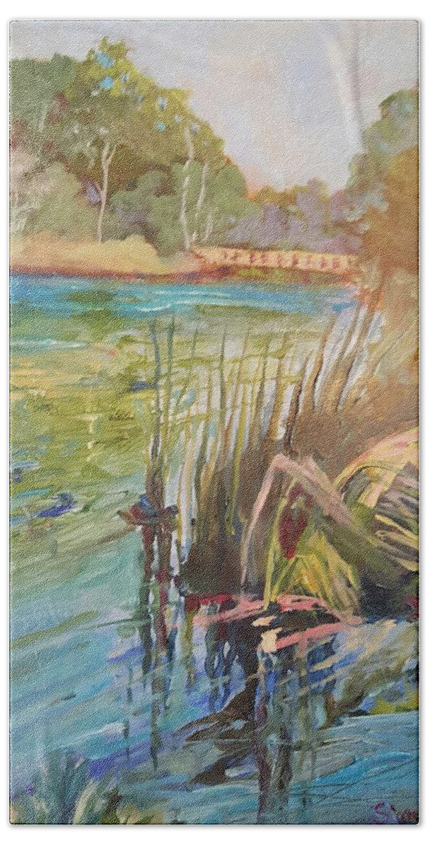 Landscape Beach Sheet featuring the painting Florida Lakeside by Cheryl LaBahn Simeone