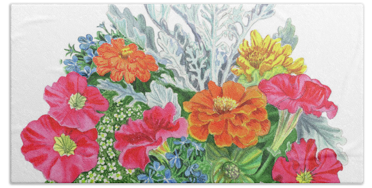 Flowers Beach Towel featuring the painting Flower Arrangement With Petunia Marigold And Sweet Allysum by Irina Sztukowski