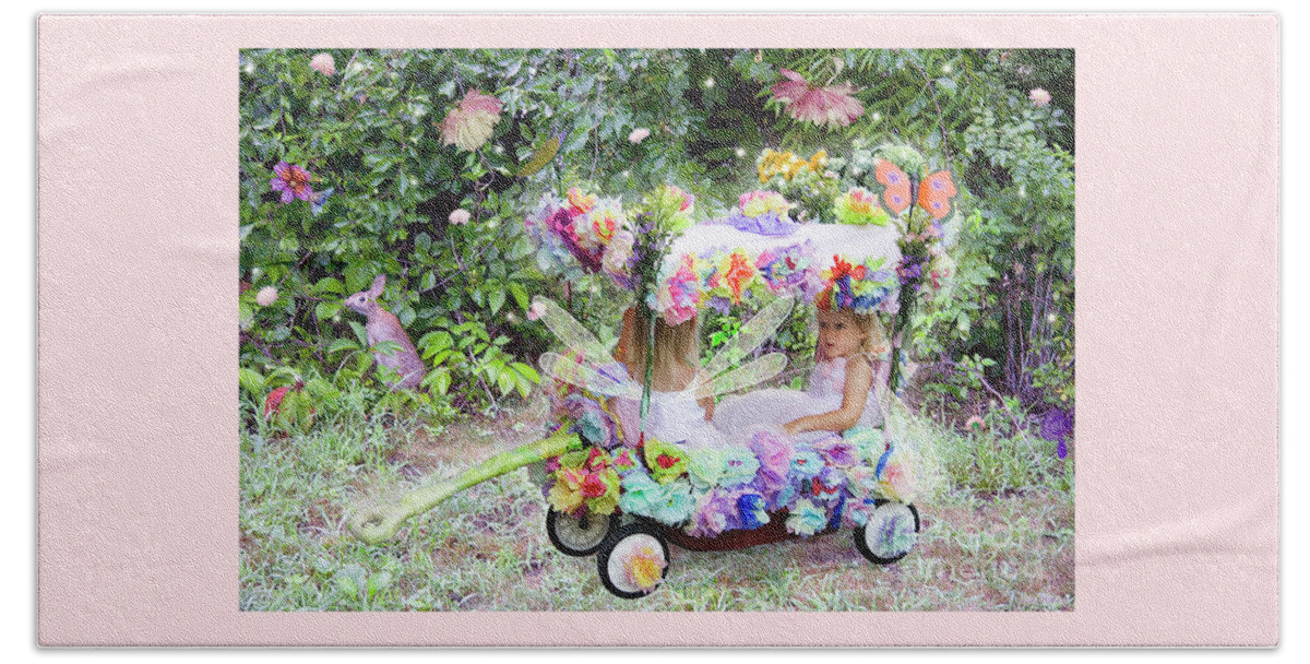 Lise Winne Beach Towel featuring the digital art Flower Fairies in a Flower Mobile by Lise Winne