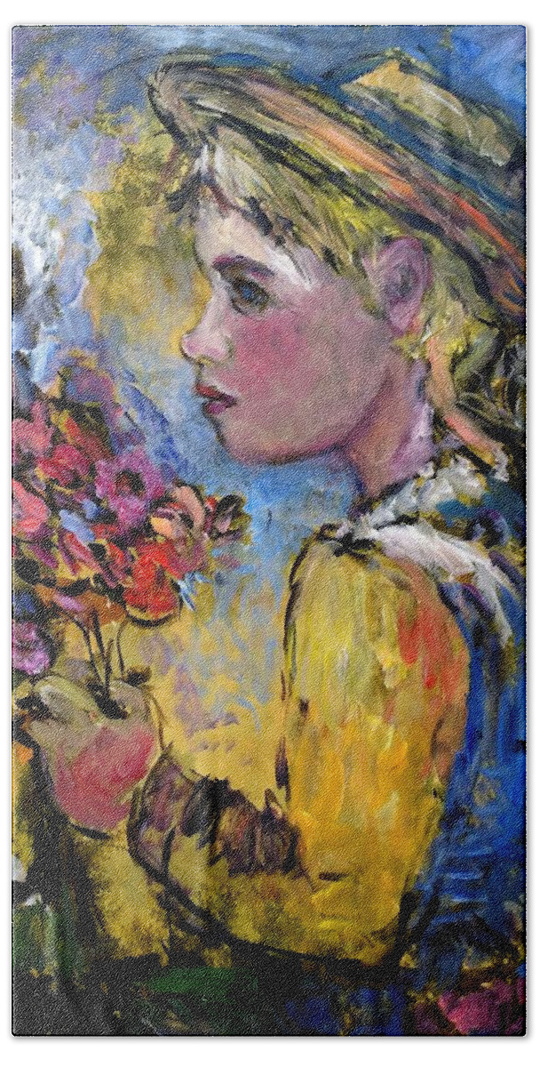 Girl With Flowers Beach Towel featuring the painting flower girl Manet by Mykul Anjelo