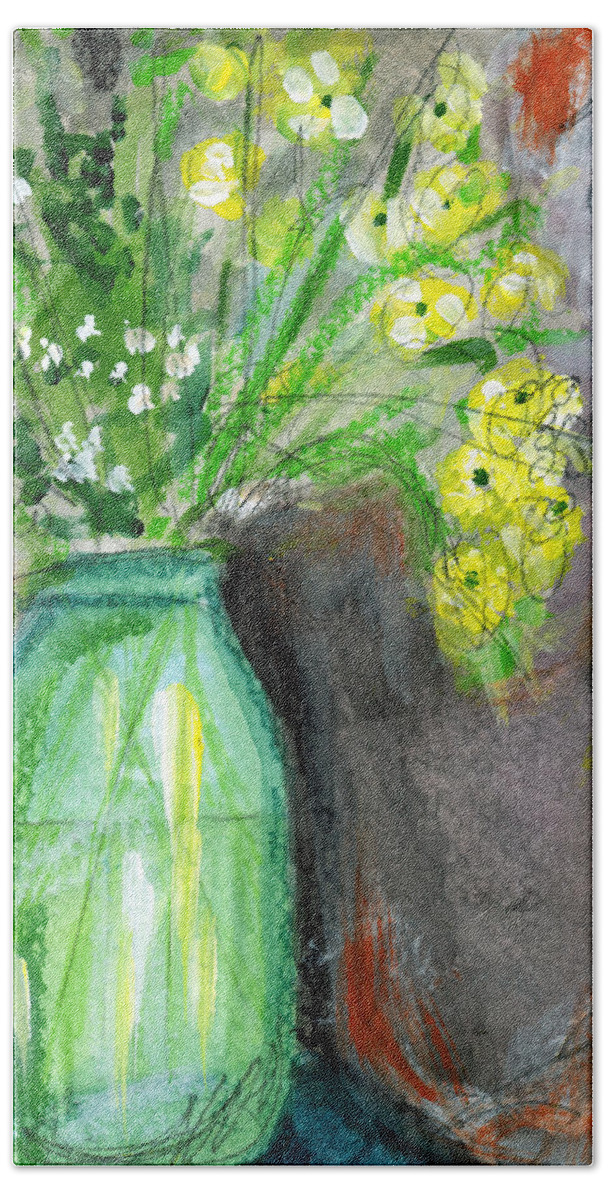 Flowers Beach Towel featuring the painting Flowers In A Green Jar- Art by Linda Woods by Linda Woods