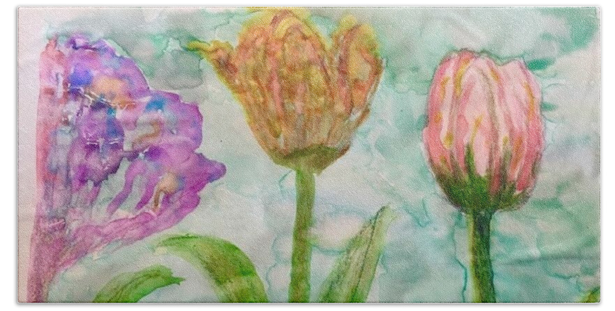 Watercolor Print Beach Towel featuring the painting Tulips a'bloom by Dottie Visker