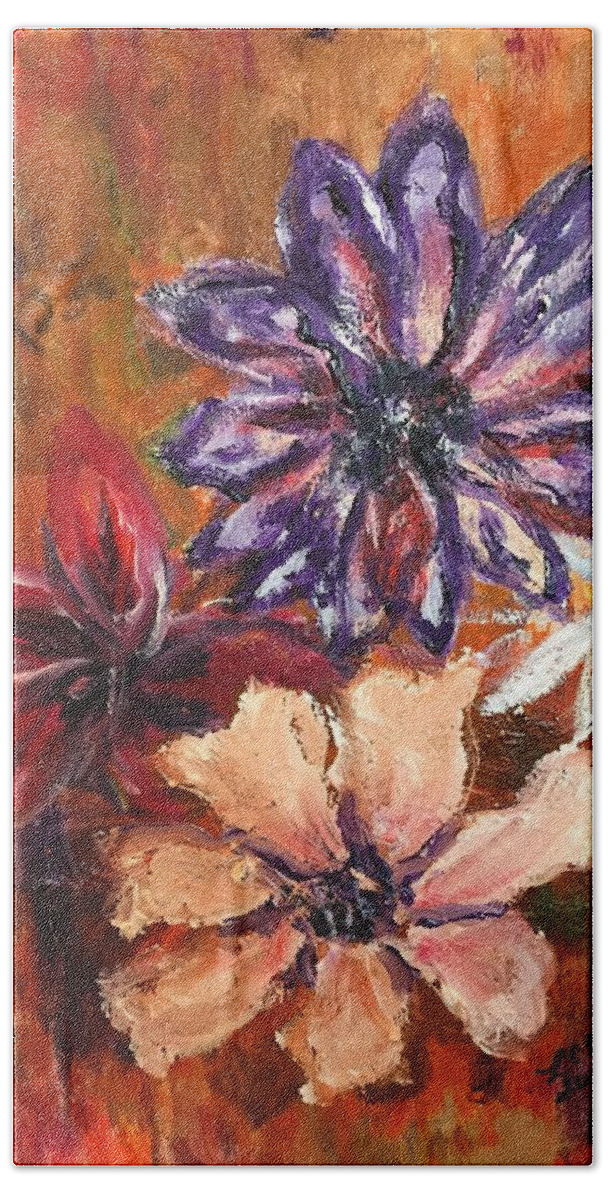 Orange Purple White Red Flowers Daisy Beach Towel featuring the painting Flowers in the Spring by Lucille Valentino